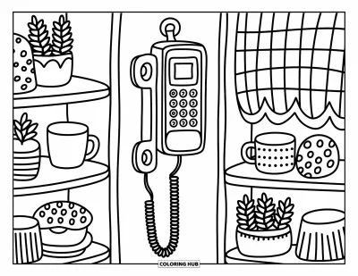 Coloriage de téléphone pour adultes : Un téléphone mural à long cordon posé près de bocaux à biscuits, de plantes en pot et d'un rideau doux