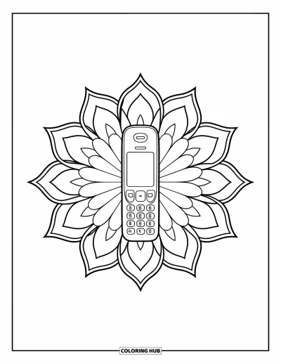 Coloriage de téléphone pour adultes : Un téléphone centré dans un motif en forme de lotus avec des détails en pétales