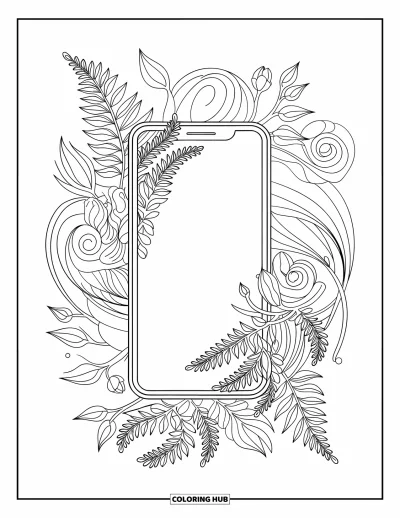 Coloriage de téléphone pour adultes : Un téléphone encadré de feuilles tourbillonnantes et de volutes florales dans une composition détaillée