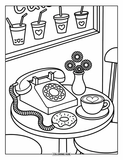 Coloriage de téléphone pour adultes : Un téléphone, un latte et un beignet reposent sur une table dans un adorable coin de café