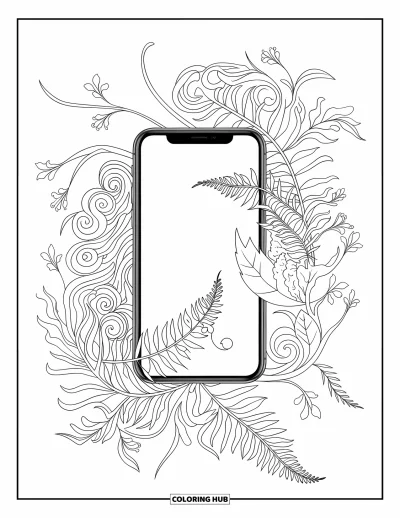 Coloriage de téléphone pour adultes : Un téléphone entouré de feuilles de fougère, de spirales fleuries et de bourgeons en fleurs