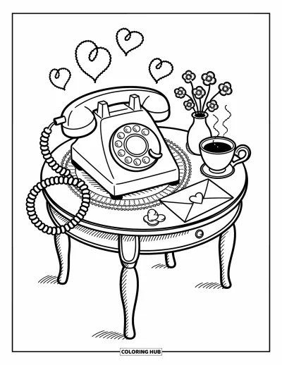 Coloriage de téléphone pour adultes : Un téléphone avec un cordon en forme de cœur posé près d'une tasse de thé, d'une lettre et d'un vase de fleurs
