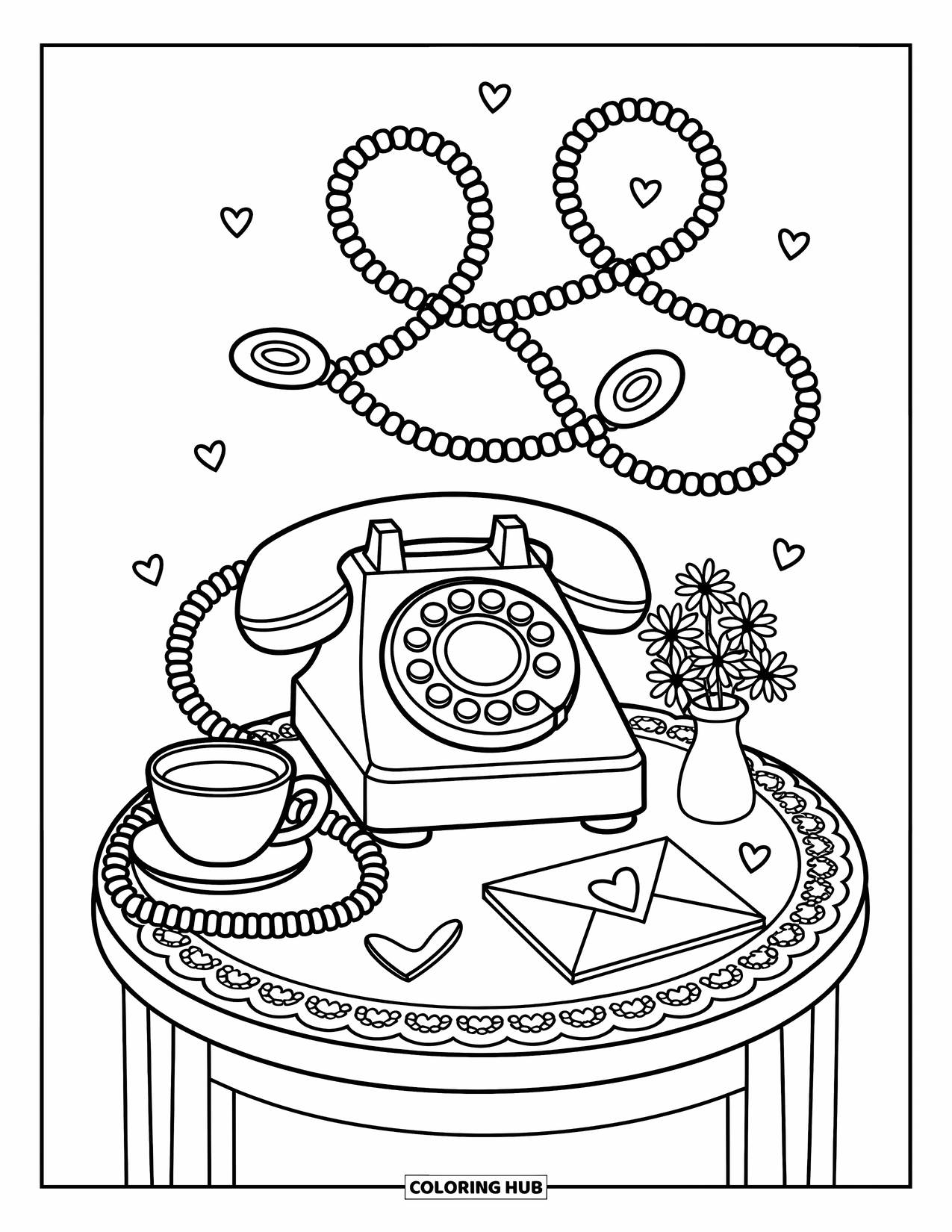 Phone Coloring Page for Adults: A rotary phone on a doily desk with a teacup, heart-sealed letter, and flowers