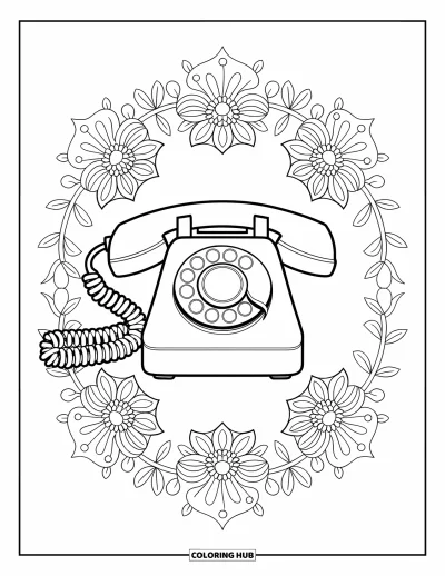 Coloriage de téléphone pour adultes : Un téléphone à cadran au centre de mandalas floraux avec des lianes feuillues