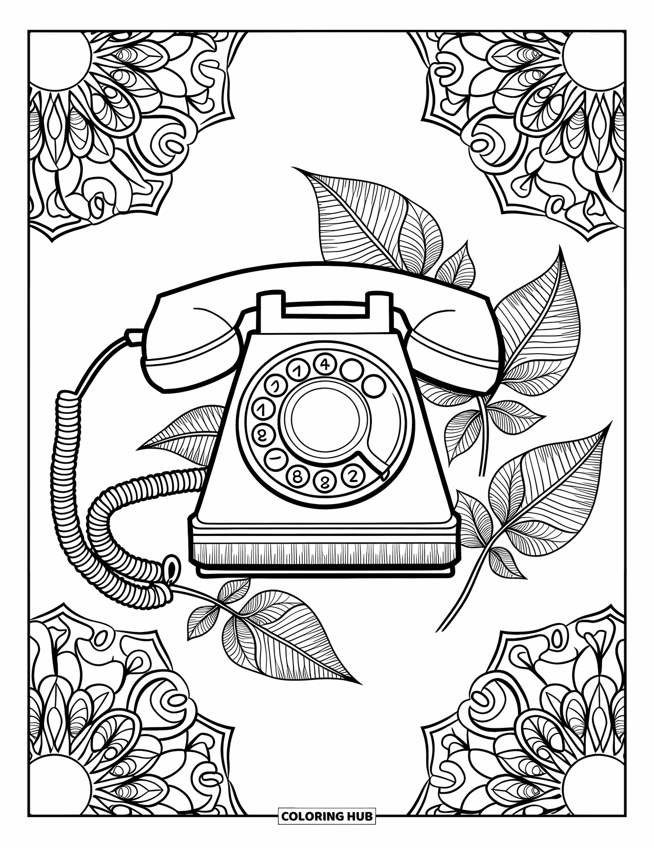Phone Coloring Page for Adults: A rotary phone sits on wood, encircled by floral mandalas and vine loops