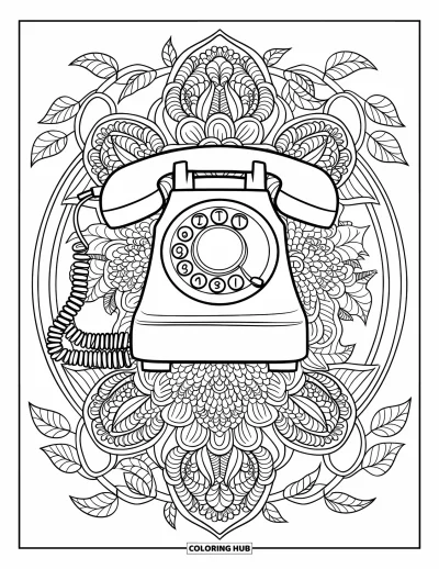 Coloriage de téléphone pour adultes : Un téléphone à cadran entouré de mandalas floraux audacieux et de lianes tourbillonnantes