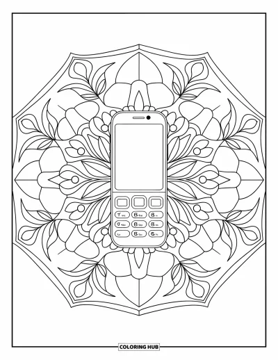 Coloriage de téléphone pour adultes : Un téléphone simple au cœur d'un mandala rempli de formes et de feuilles