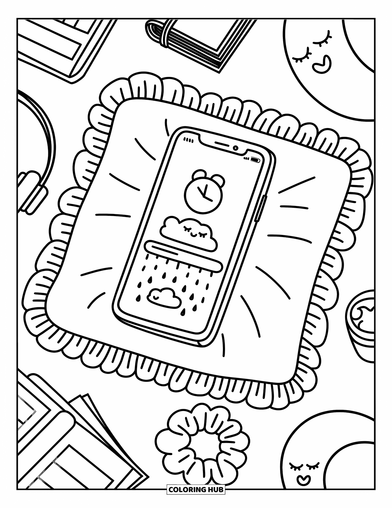 Phone Coloring Page for Adults: A sleepy smartphone on a pillow with cozy items like a book and plush toy