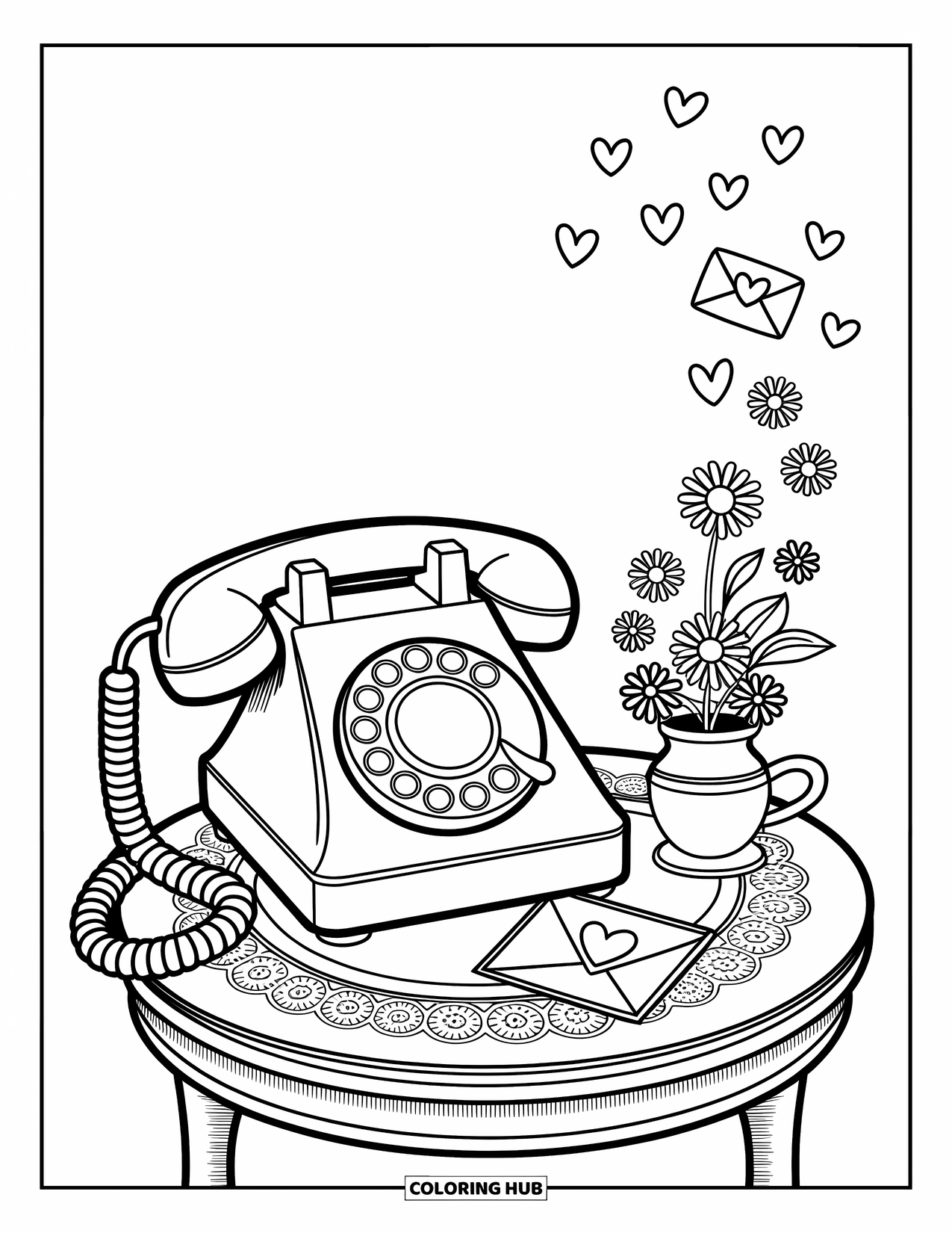 Phone Coloring Page for Adults: A vintage phone, doily, and heart-decorated items create a sweet and cozy desk scene