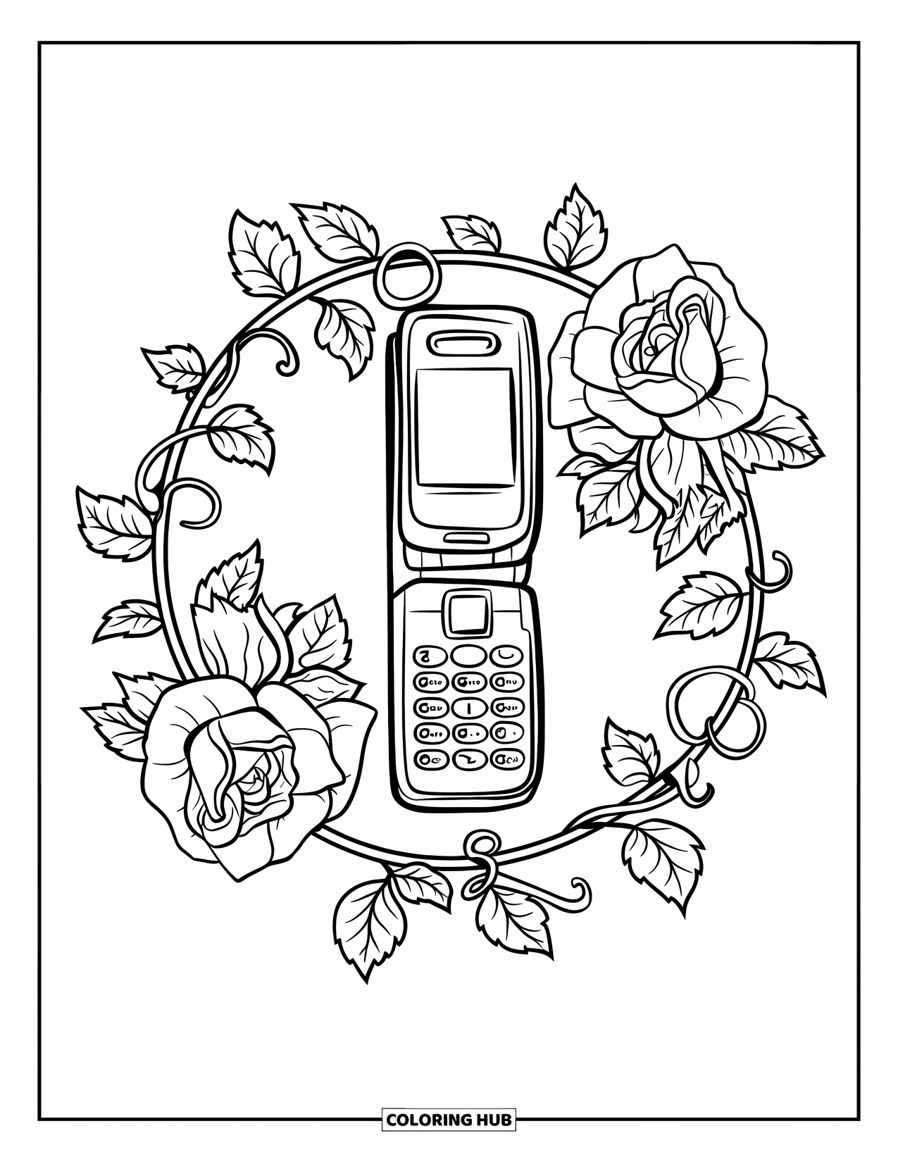 Phone Coloring Page for Adults: A vintage phone encircled by roses and trailing ivy in full bloom