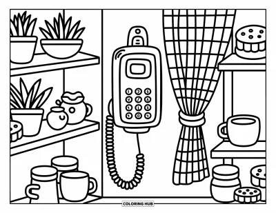 Coloriage de téléphone pour adultes : Un téléphone mural et des étagères de tasses, de plantes et de biscuits créent un coin chaleureux et accueillant