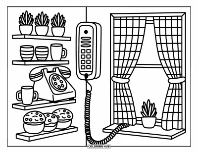 Coloriage de téléphone pour adultes : Un téléphone mural accroché près d'étagères douillettes avec des plantes, des tasses et un rideau à carreaux
