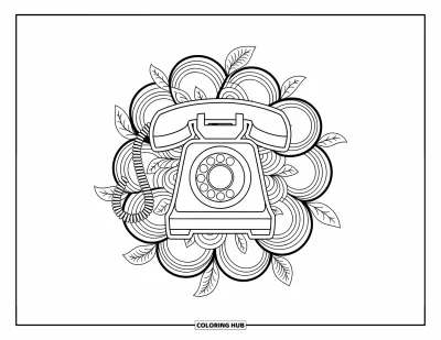 Coloriage de téléphone pour adultes : Un vieux combiné téléphonique centré dans des cercles floraux et des volutes de feuilles