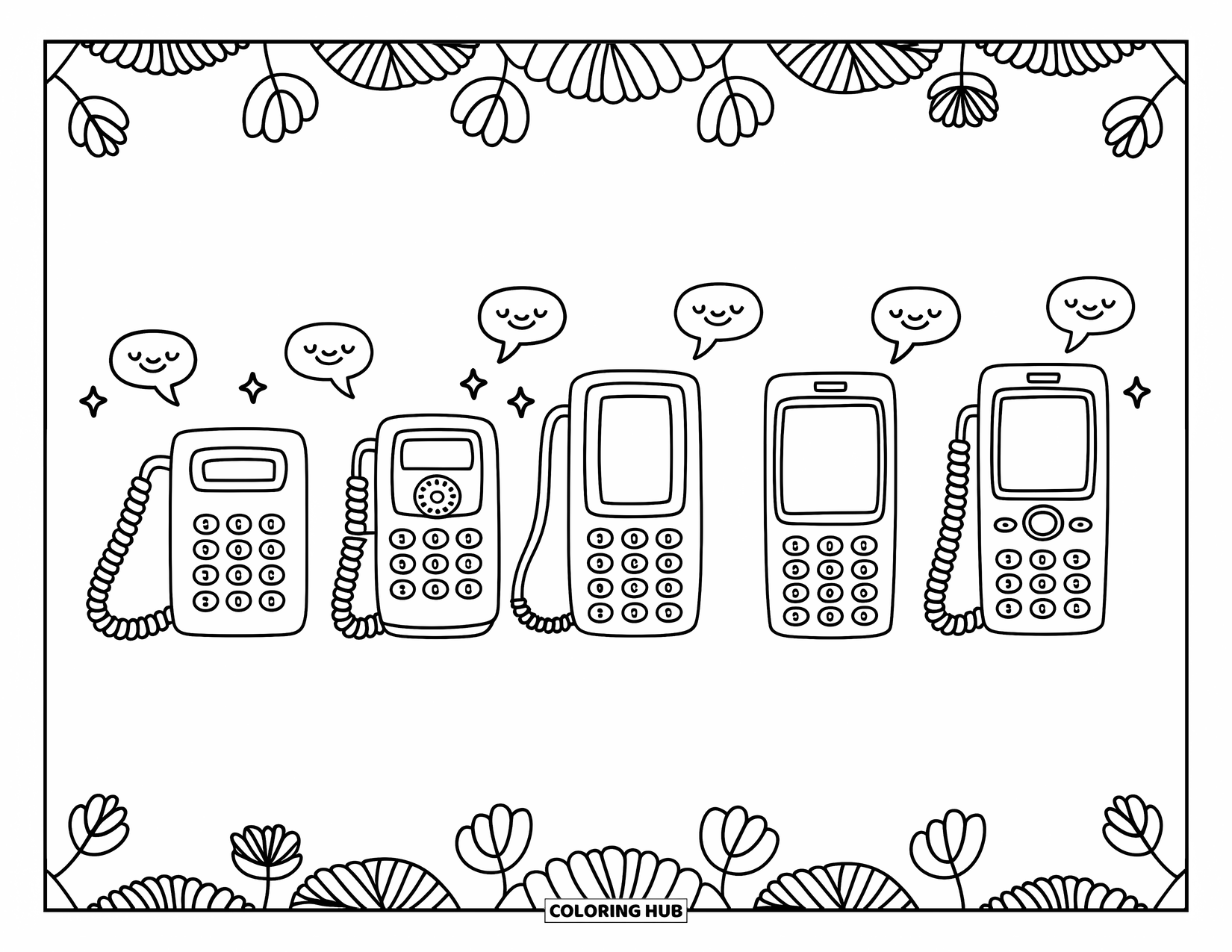 Phone Coloring Page for Adults: Five cute phones form a timeline with happy faces, sparkles, and cozy doodles