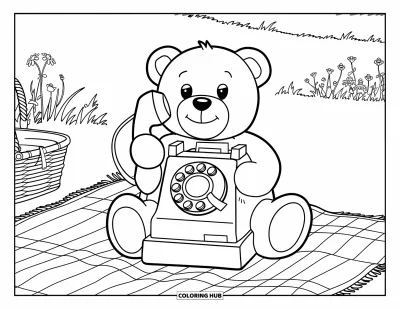 Coloriage de téléphone pour enfants : Un ours sur un tapis de pique-nique tenant un gros téléphone près d'un panier