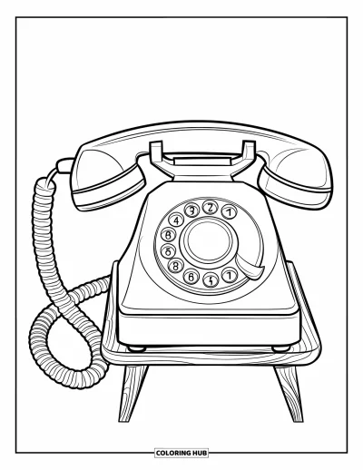 Coloriage de téléphone pour enfants : Un grand téléphone à cadran avec de belles touches et une base en bois bien nette