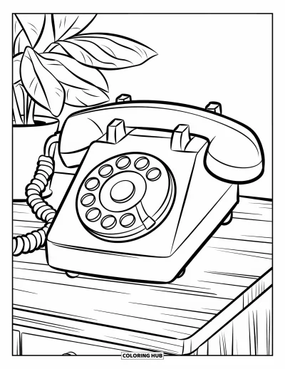 Coloriage de téléphone pour enfants : Un téléphone jouet robuste avec de grands boutons posé sur un bureau près d'une plante