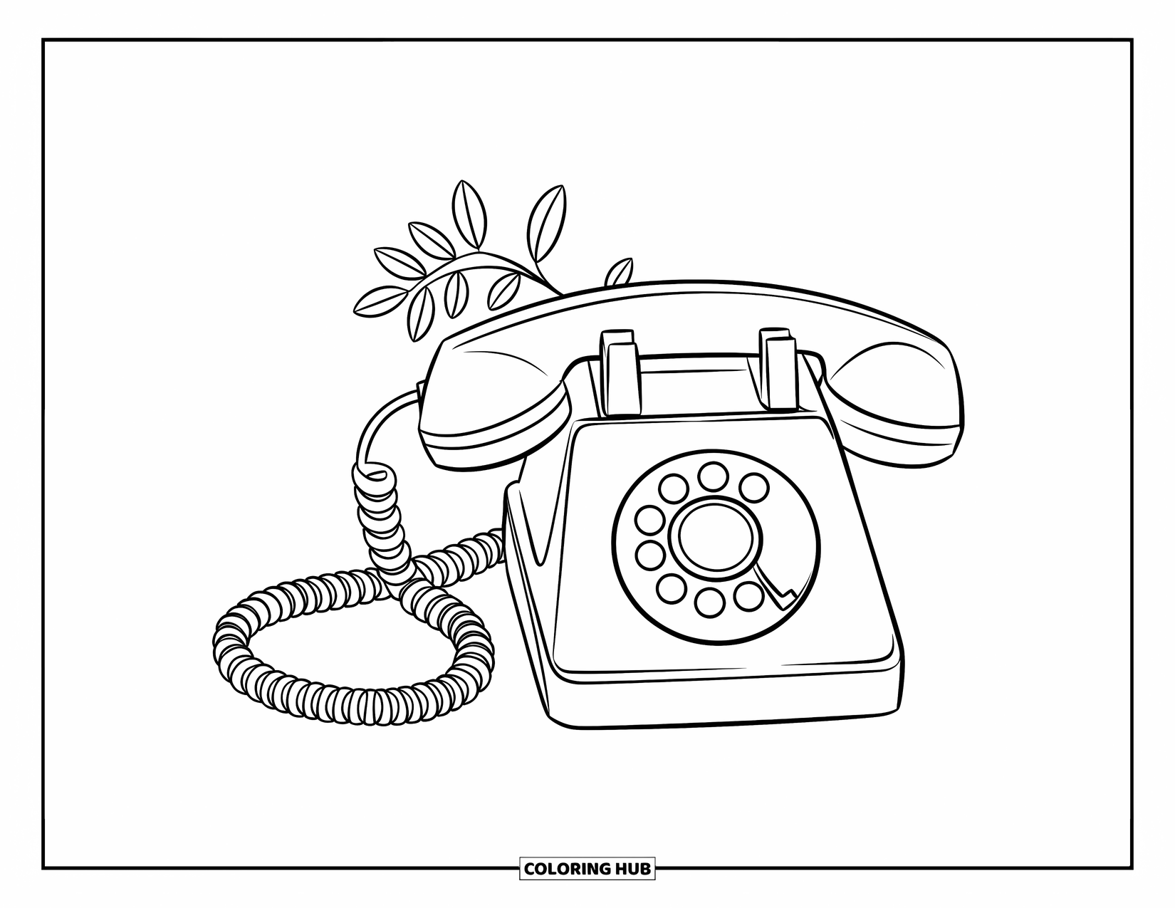 Phone Coloring Page for Kids: A chunky dialpad phone with a zigzag cord and a plant on the side