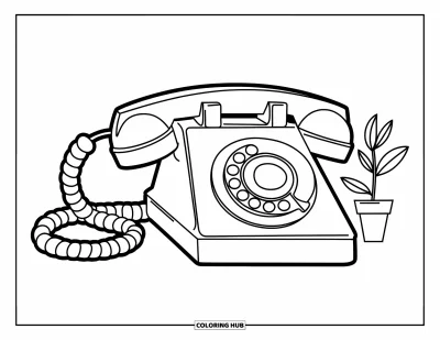 Coloriage de téléphone pour enfants : Un téléphone fixe trapu avec un cordon en zigzag et une petite plante en pot
