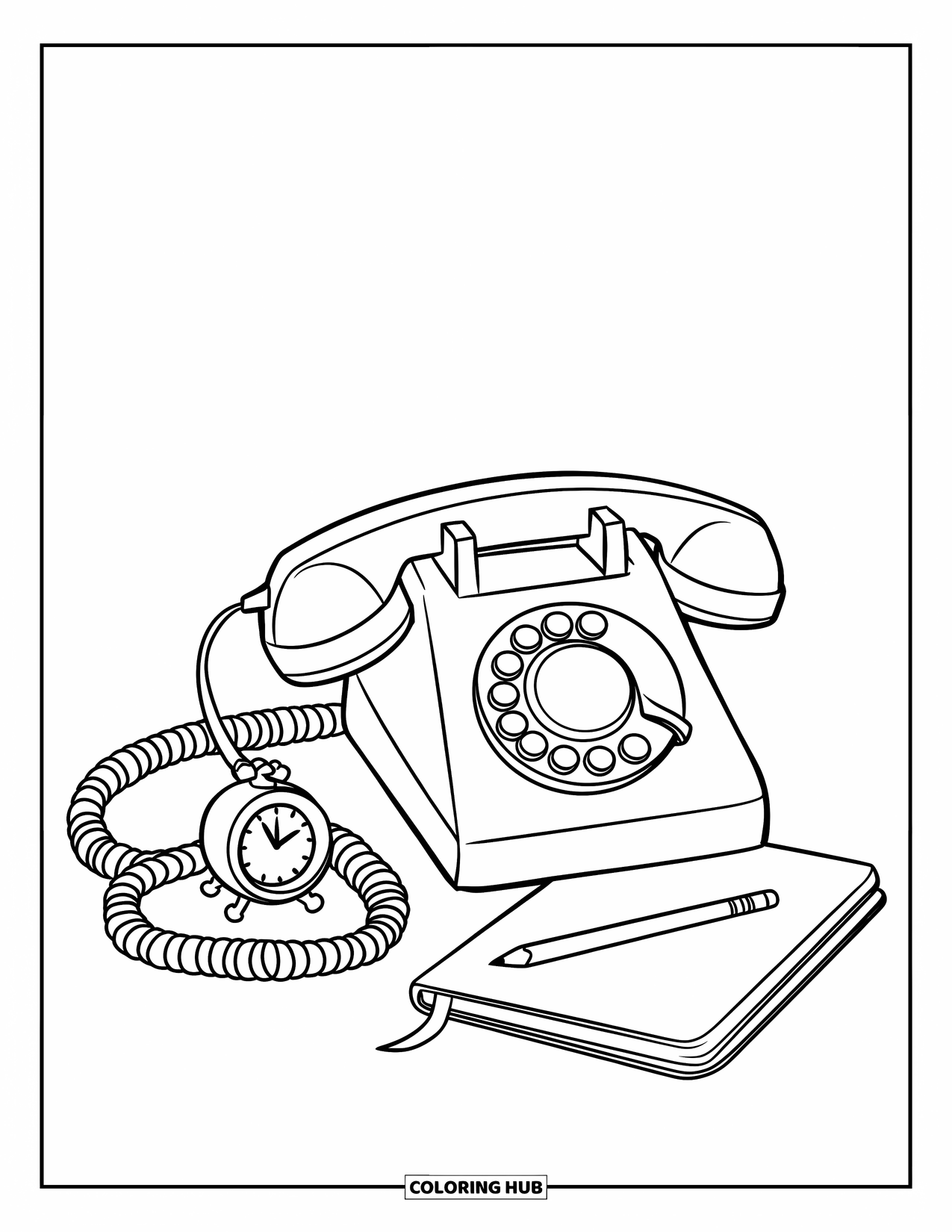 Phone Coloring Page for Kids: A circular-dial phone beside a notebook, pencil, and a small clock