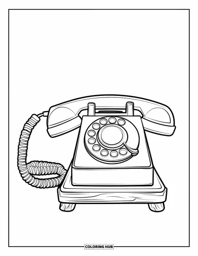 Coloriage de téléphone pour enfants : Un téléphone à cadran classique avec des touches rondes et un cordon enroulé à côté