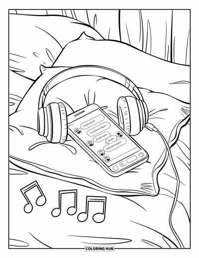 Coloriage de téléphone pour enfants : Un lit confortable avec des écouteurs, un téléphone diffusant de la musique et des messages sur l'écran