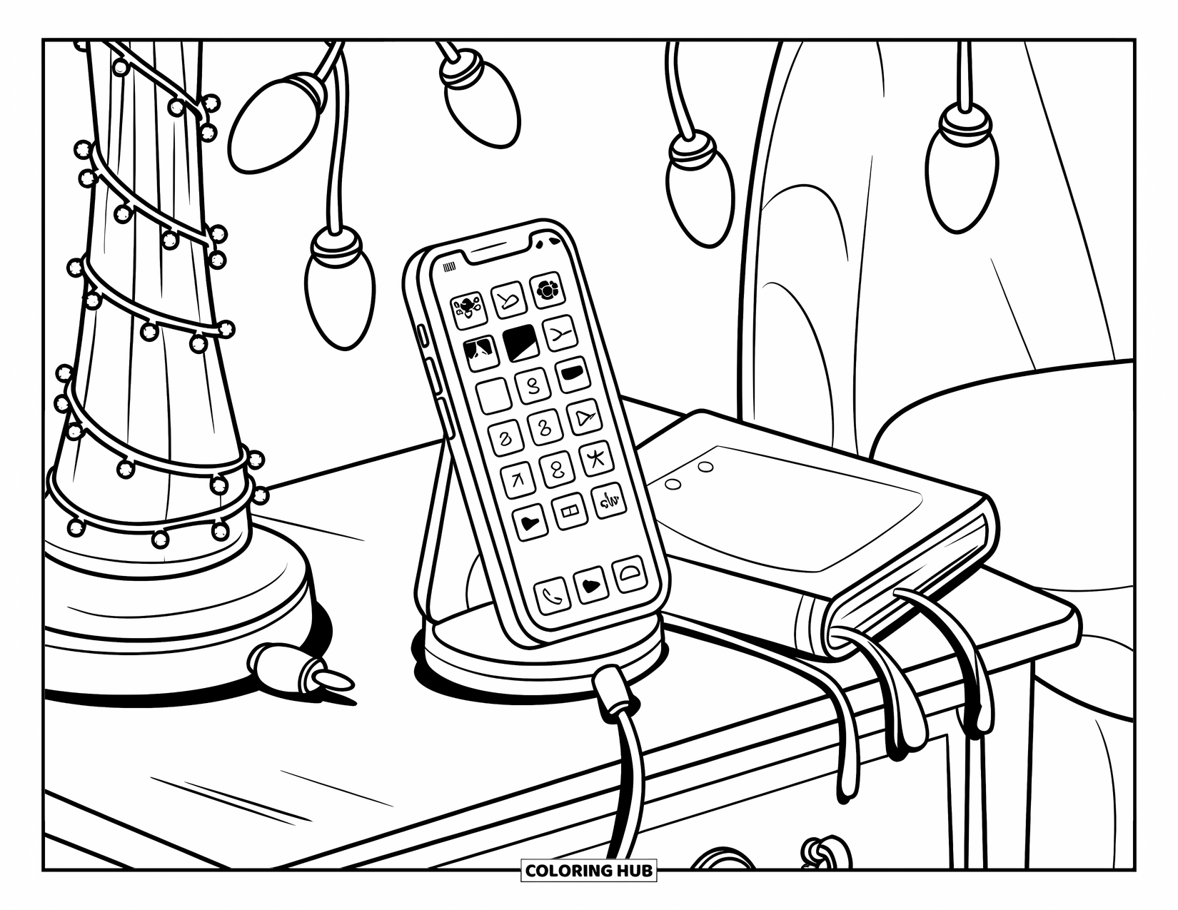 Phone Coloring Page for Kids: A cozy nightstand with fairy lights, a docked phone, and a journal beside it