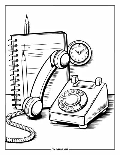 Coloriage de téléphone pour enfants : Un coin téléphone douillet avec un carnet, un crayon et une petite horloge sur un support en bois
