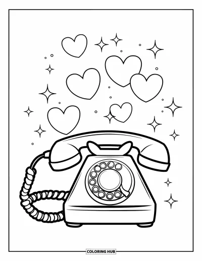 Coloriage de téléphone pour enfants : Un mignon téléphone à cadran enveloppé d'un nœud avec des étoiles et des cœurs
