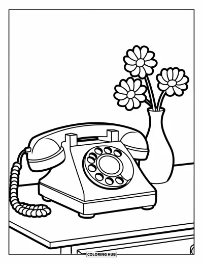 Coloriage de téléphone pour enfants : Un vase de fleurs posé à côté d'un téléphone à cadran sur un bureau simple