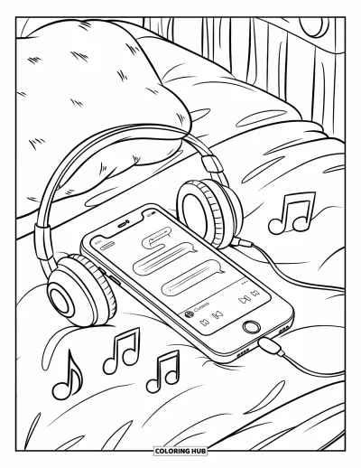 Coloriage de téléphone pour enfants : Une scène de lit confortable avec de la musique, un écran de chat ouvert et des coussins moelleux