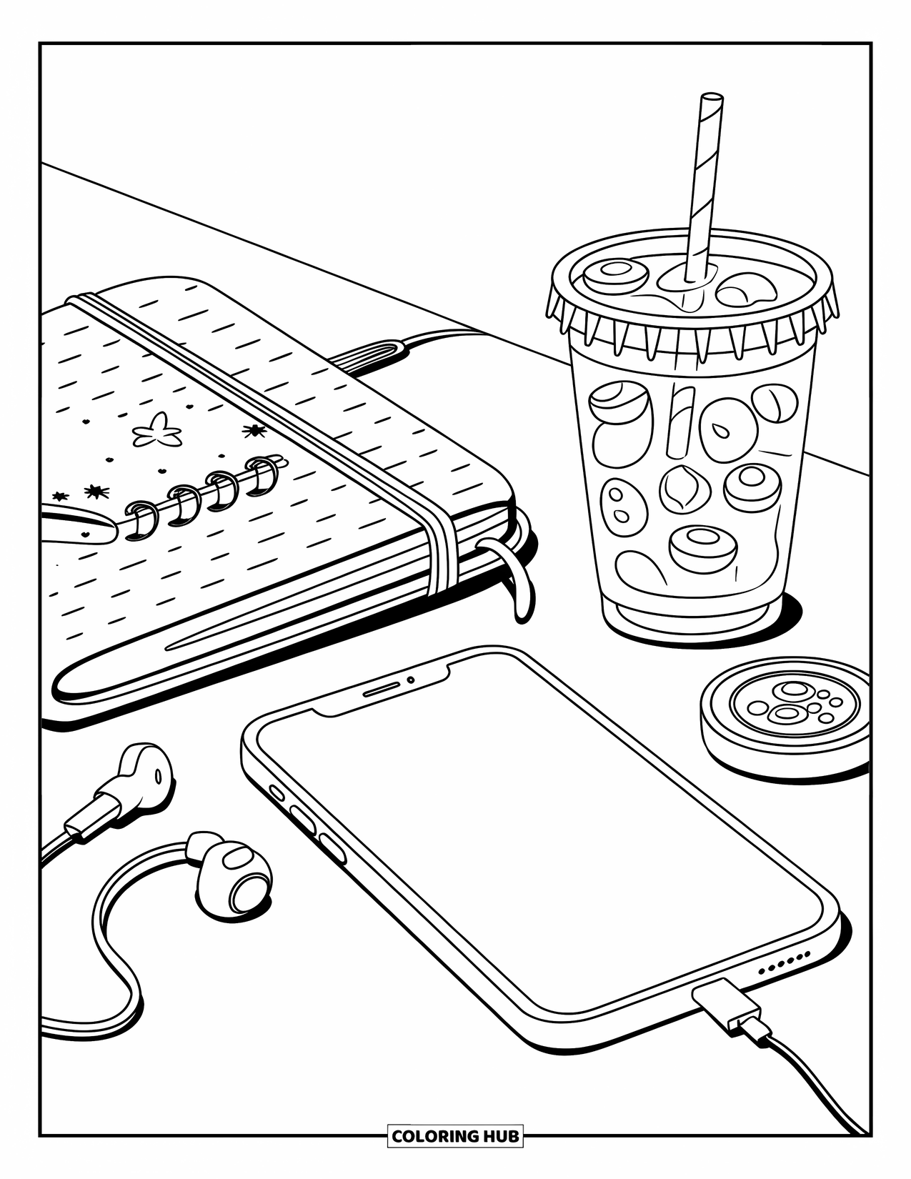Phone Coloring Page for Kids: A fun desk setup with phone, journal, earbuds, iced drink, and charging cord
