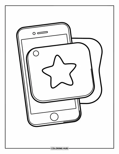 Coloriage de téléphone pour enfants : Un smartphone souriant avec une grande icône d'étoile et une atmosphère sympathique