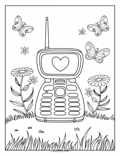 Coloriage de téléphone pour enfants : Un téléphone à clapet décoré de cœurs dans un champ fleuri avec des fleurs et des papillons