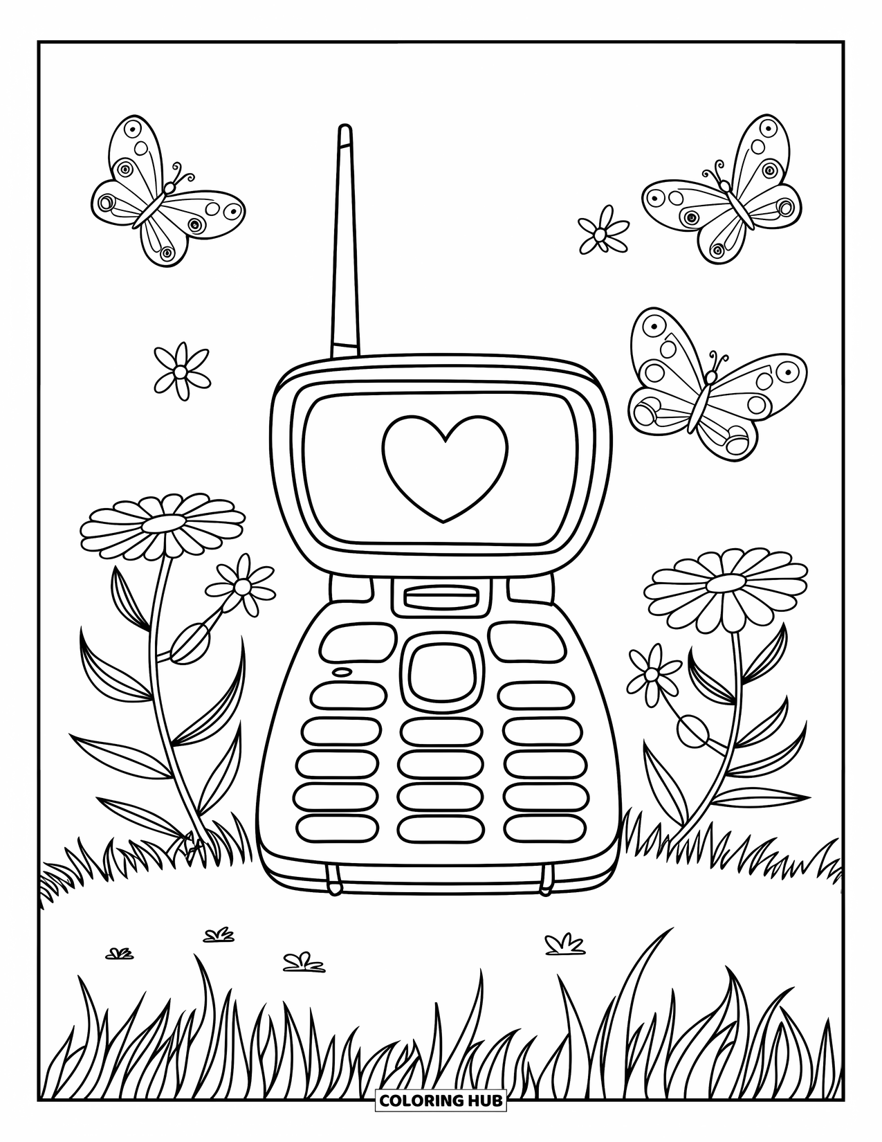 Phone Coloring Page for Kids: A heart-decorated flip phone on a grassy field with flowers and butterflies