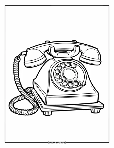 Coloriage de téléphone pour enfants : Un grand téléphone à cadran avec des touches rondes et un cordon en boucle à côté