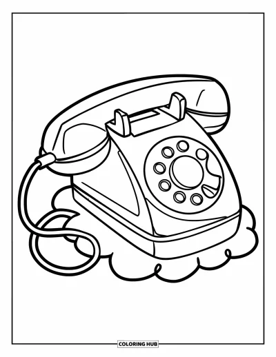 Coloriage de téléphone pour enfants : Un téléphone sans fil à long manche posé sur un socle en forme de nuage avec peu de fils
