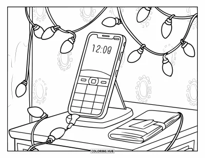Coloriage de téléphone pour enfants : Un téléphone et un journal sur une table de nuit entourés de guirlandes lumineuses sous un mur à pois