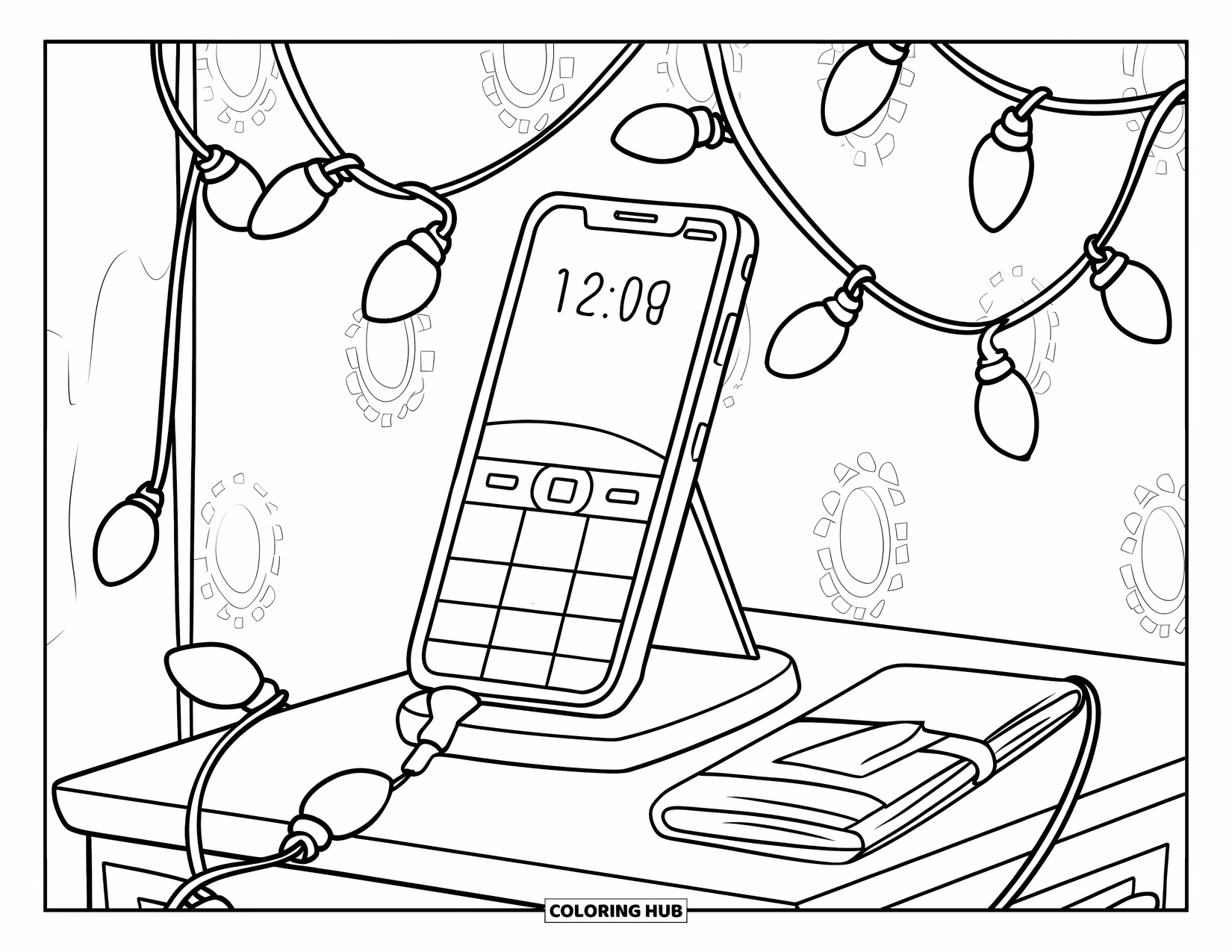 Phone Coloring Page for Kids: A phone and journal on a nightstand wrapped in fairy lights under a dotted wall