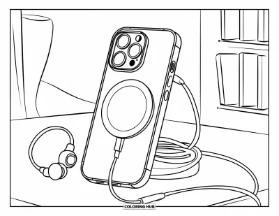 Coloriage de téléphone pour enfants : Un téléphone, un chargeur et des écouteurs bien rangés sur une table simple