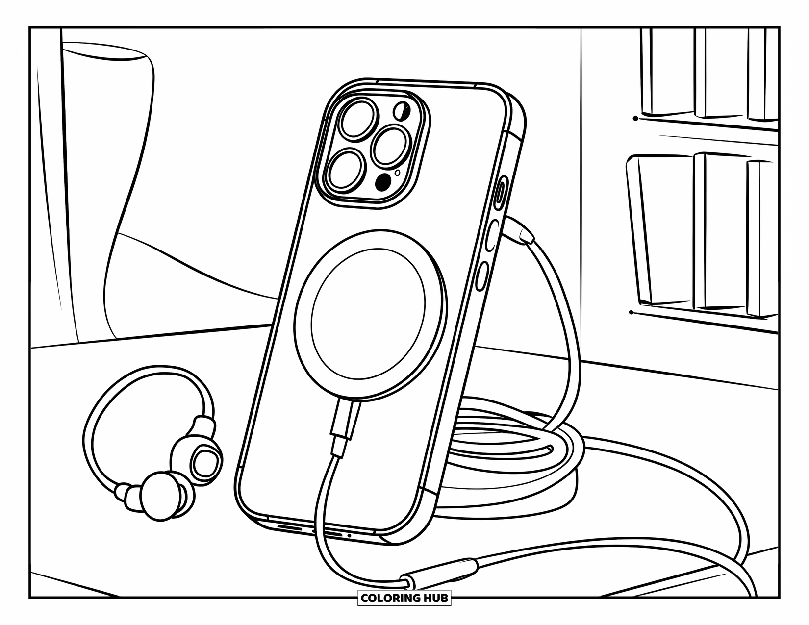 Phone Coloring Page for Kids: A phone, charger, and earbuds neatly arranged on a simple table