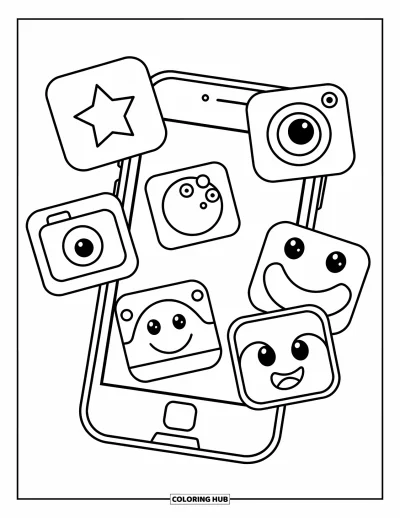 Coloriage de téléphone pour enfants : Un smartphone ludique affichant six icônes amusantes, dont une étoile et un appareil photo