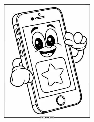 Coloriage de téléphone pour enfants : Un téléphone souriant et espiègle avec une grande icône d'application en forme d'étoile