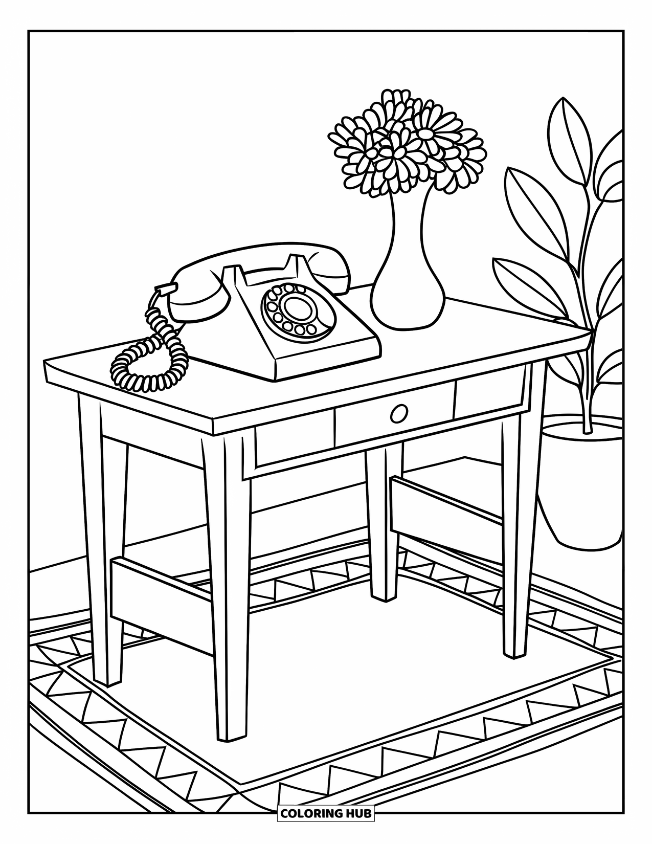 Phone Coloring Page for Kids: A potted plant and rotary phone rest on a desk with a patterned rug