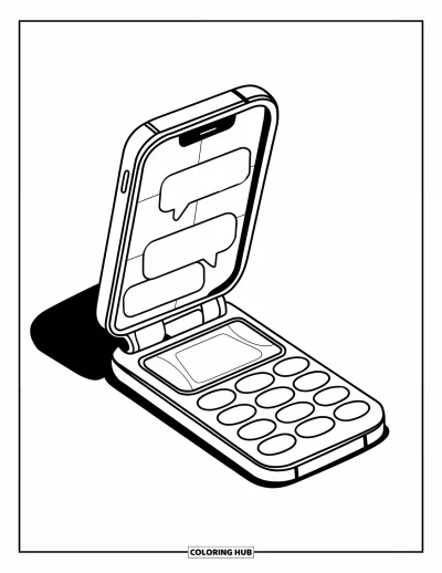 Coloriage de téléphone pour enfants : Un téléphone à clapet rétro ouvert sur un écran de chat avec des bulles et des boutons sur le côté