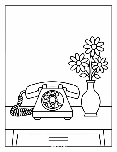 Coloriage de téléphone pour enfants : Un téléphone à cadran sur un bureau à côté d'un petit vase avec une fleur