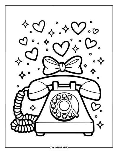 Coloriage de téléphone pour enfants : Un téléphone à cadran avec un nœud et des étoiles flottantes tout autour