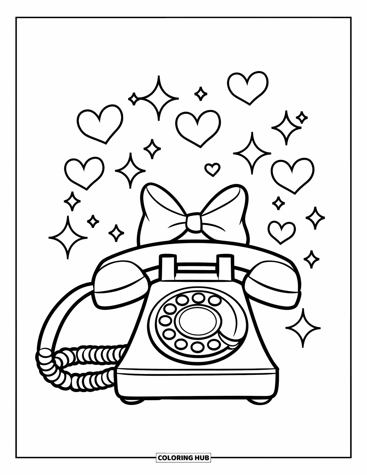 Phone Coloring Page for Kids: A rotary phone with a cute bow and floating hearts all around