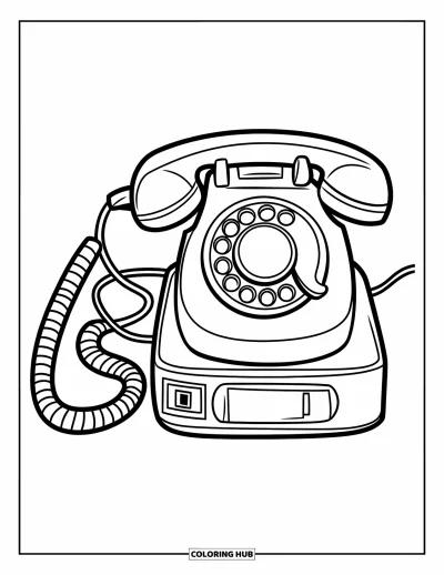 Coloriage de téléphone pour enfants : Un téléphone sans fil au corps arrondi avec des fils, posé sur une petite base de chargement