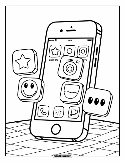 Coloriage de téléphone pour enfants : Un smartphone sur une table avec six adorables icônes d'applications